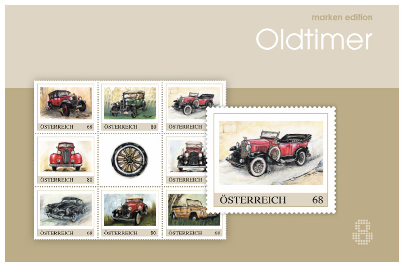Markenedition Oldtimer der österreichischen Post gestaltet von Sylvia Steinhoff geb. Benub