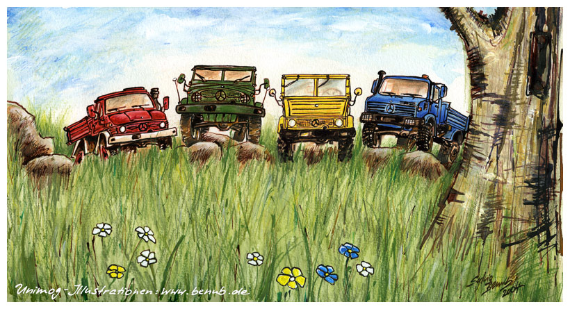 Ein bunter Strauß Unimog, Illustration für die Firma Wiking von Sylvia Steinhoff geb. Benub