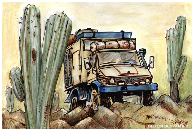 Mercedes-Benz Unimog 416 als Globetrotter in der Sierra Madre, Baujahr um 1930, Illustration von Sylvia Steinhoff geb. Benub