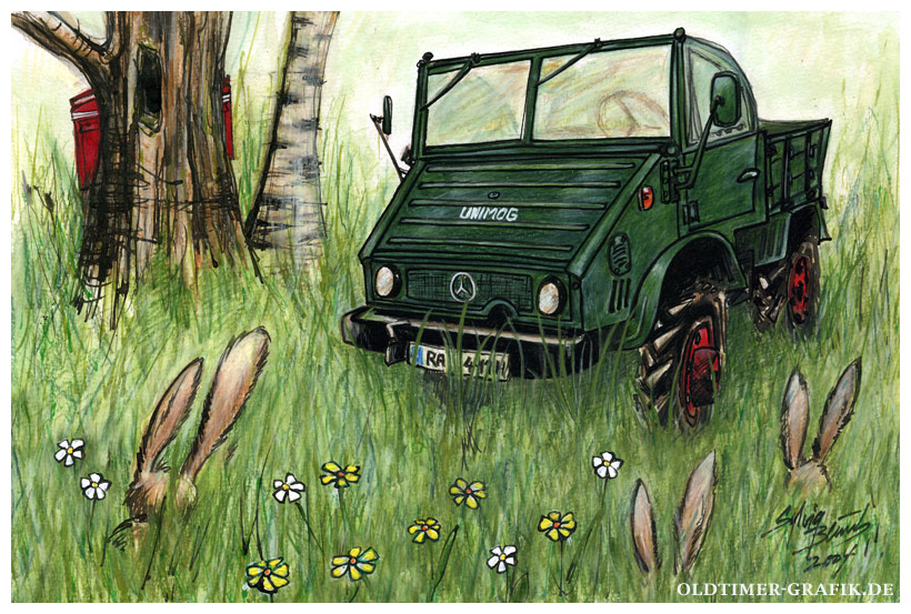 Mercedes-Benz Unimog 411 als Ostergruß, Illustration von Sylvia Steinhoff geb. Benub