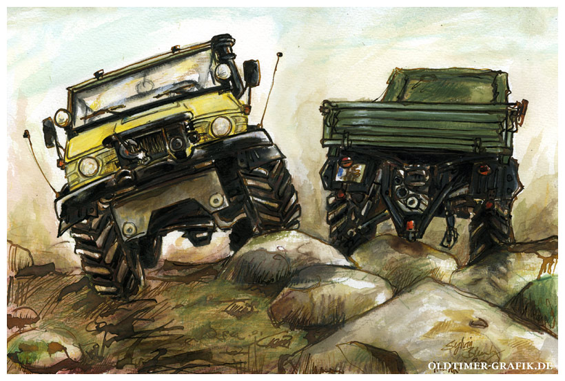 Mercedes-Benz Unimog 406 im Gelände, Illustration von Sylvia Steinhoff geb. Benub