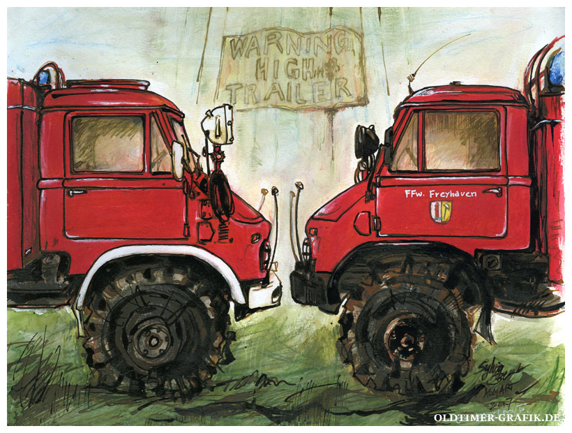 Zwei Mercedes-Benz Unimog 404 TLF 8 Feuerwehrfahrzeuge, Illustration von Sylvia Steinhoff geb. Benub