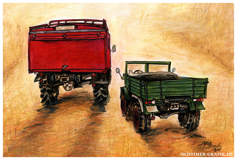 Lonesome Cowboys: Zwei Mercedes-Benz Unimog reiten in den Sonnenuntergang, Illustration von Sylvia Steinhoff geb. Benub