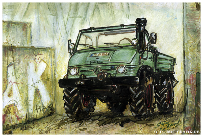 Mercedes-Benz Unimog 406 im Hafen von Münster, Illustration von Sylvia Steinhoff geb. Benub